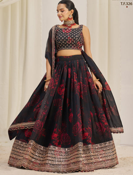 Black Organza Semi-Stitched With Zari & Sequins Designer Lehenga Choli