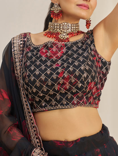 Black Organza Semi-Stitched With Zari & Sequins Designer Lehenga Choli