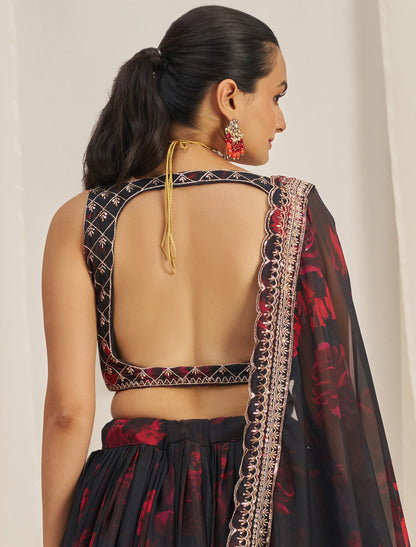 Black Organza Semi-Stitched With Zari & Sequins Designer Lehenga Choli