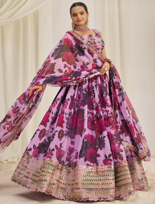 Organza Pink Semi-Stitched With Zari & Sequins Designer Lehenga Choli