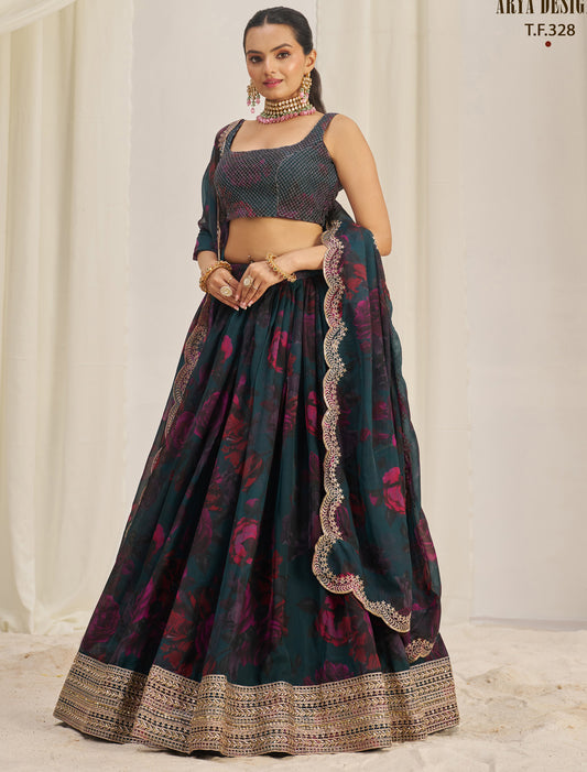 Blue Organza Semi-Stitched With Zari & Sequins Designer Lehenga Choli