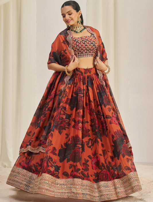 Orange Organza Semi-Stitched With Zari & Sequins Designer Lehenga Choli