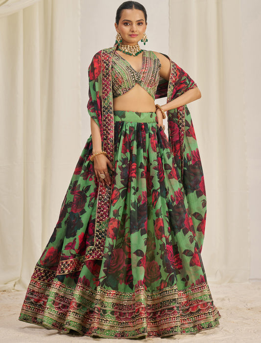 Parrot Green Organza Semi-Stitched With Zari & Sequins Lehenga Choli