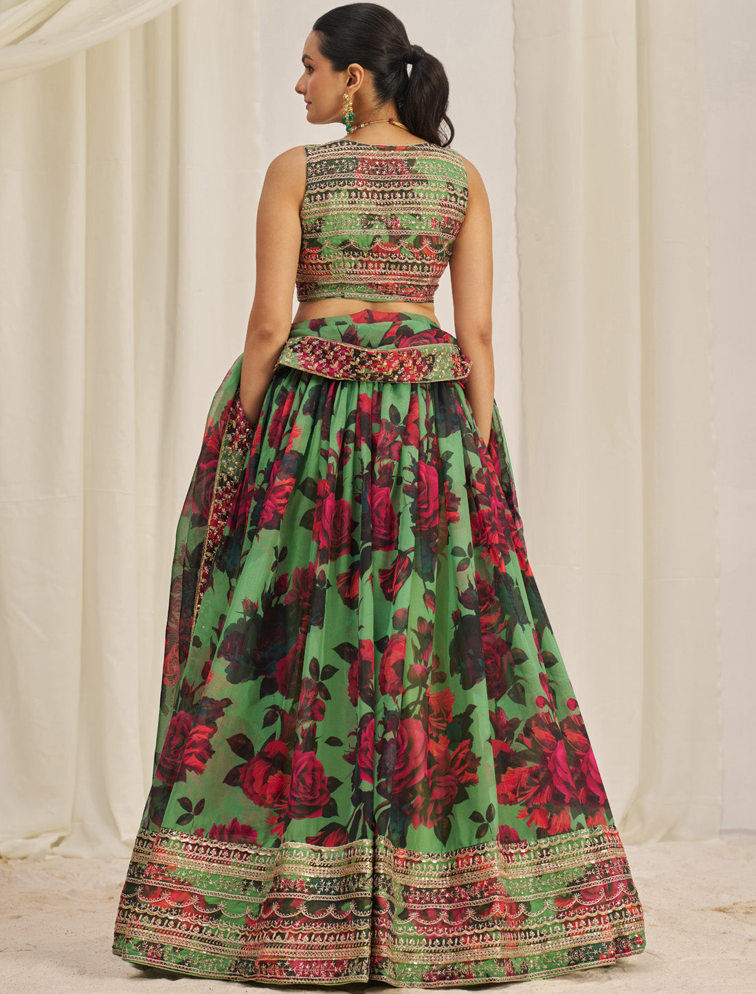 Parrot Green Organza Semi-Stitched With Zari & Sequins Lehenga Choli