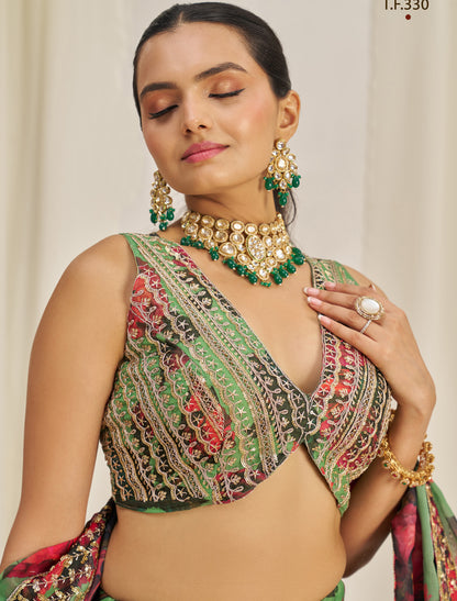 Parrot Green Organza Semi-Stitched With Zari & Sequins Lehenga Choli