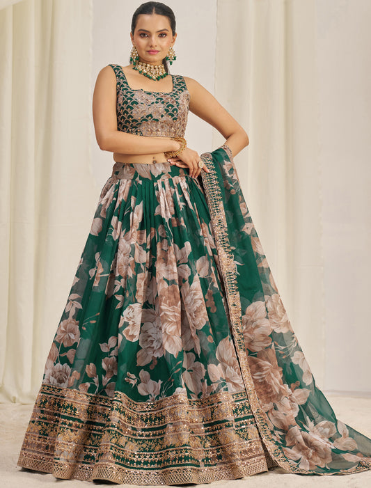 Dark Grreen Organza Semi-Stitched With Zari & Sequins Lehenga Choli