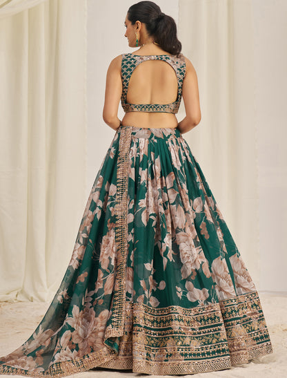 Dark Grreen Organza Semi-Stitched With Zari & Sequins Lehenga Choli