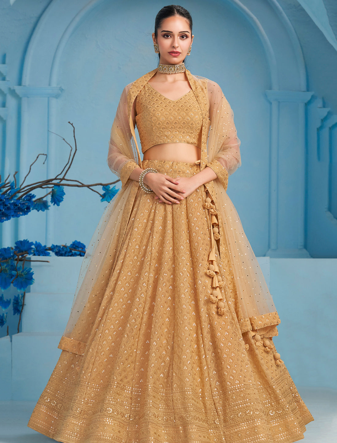 Beige Designer Georgette Ethnic Lehenga Choli Set With Embroidery