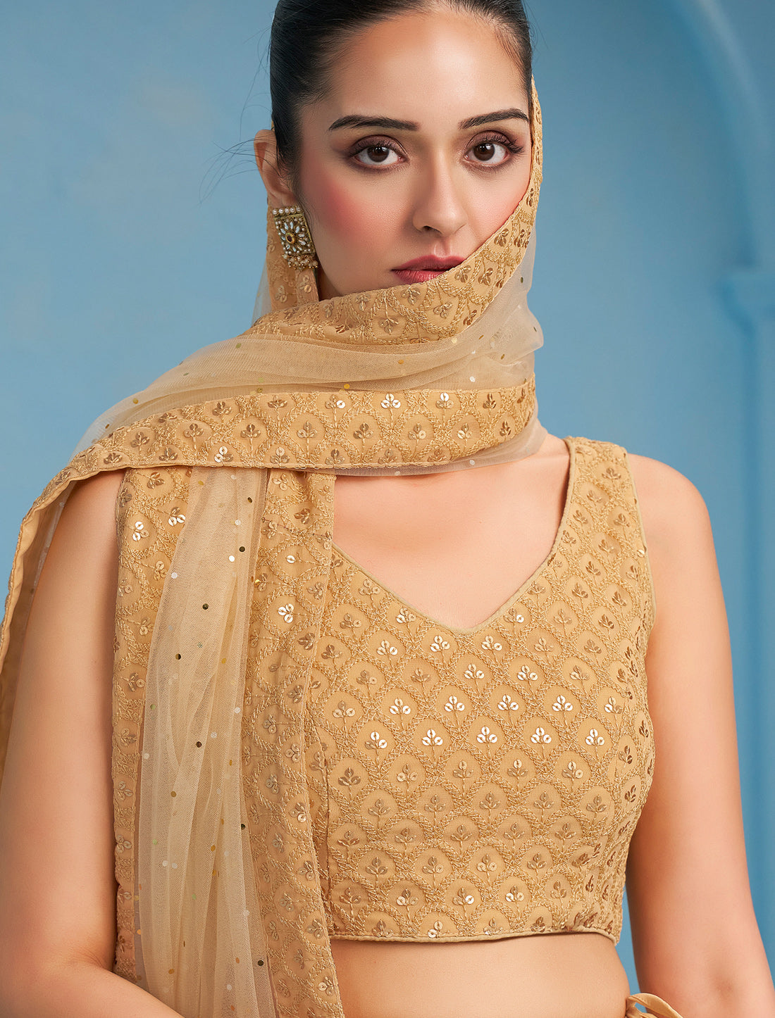 Beige Designer Georgette Ethnic Lehenga Choli Set With Embroidery