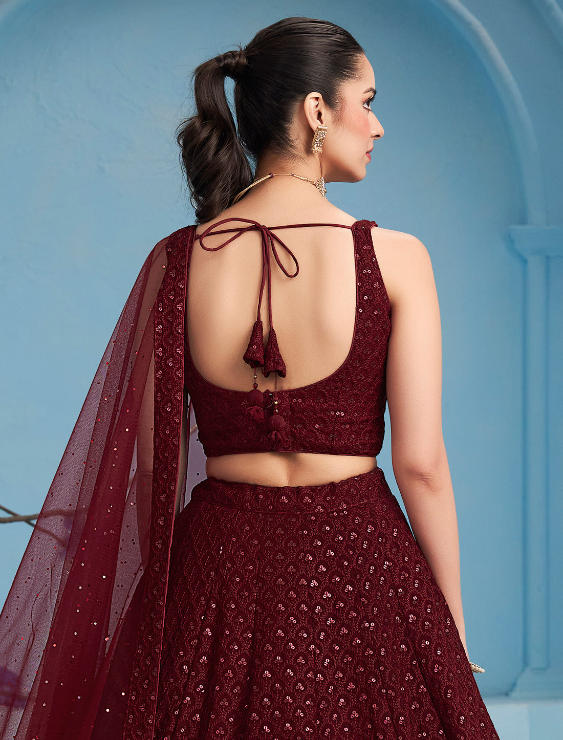 Maroon Designer Georgette Ethnic Lehenga Choli Set With Embroidery
