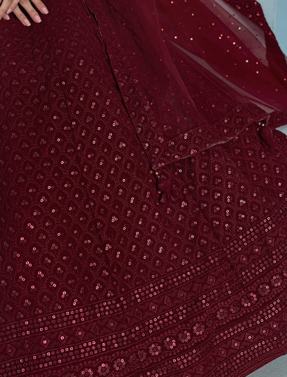 Maroon Designer Georgette Ethnic Lehenga Choli Set With Embroidery