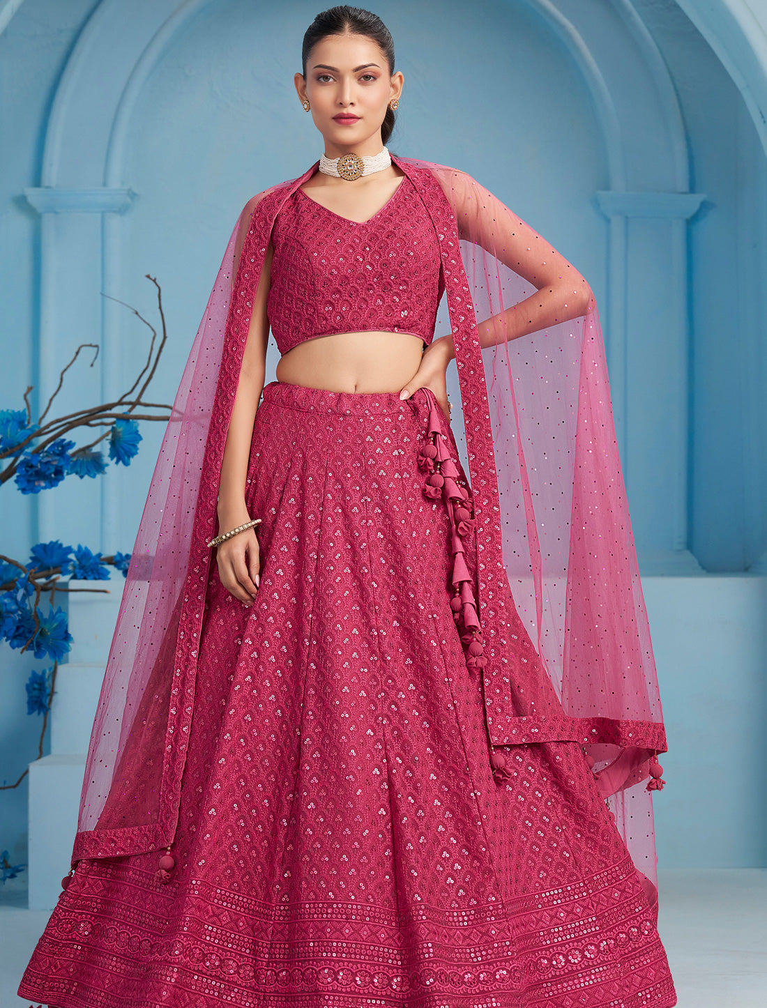 Pink Ethnic Georgette Designer Lehenga Choli Set With Embroidery