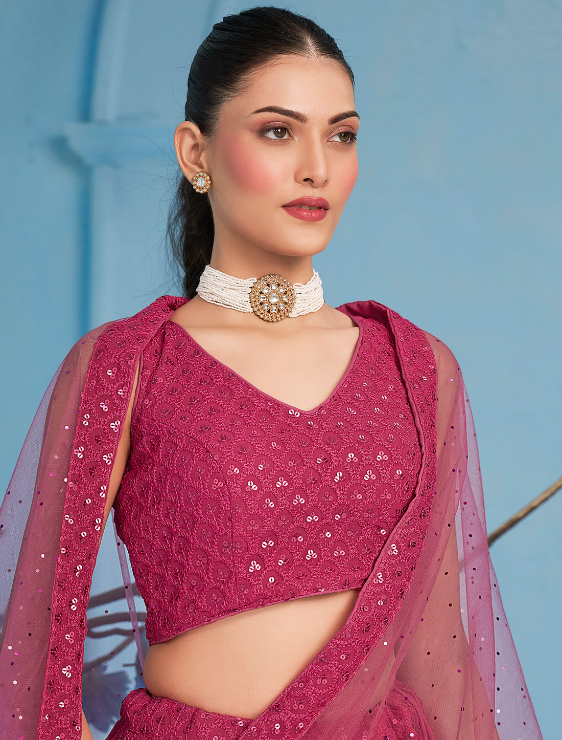 Pink Ethnic Georgette Designer Lehenga Choli Set With Embroidery