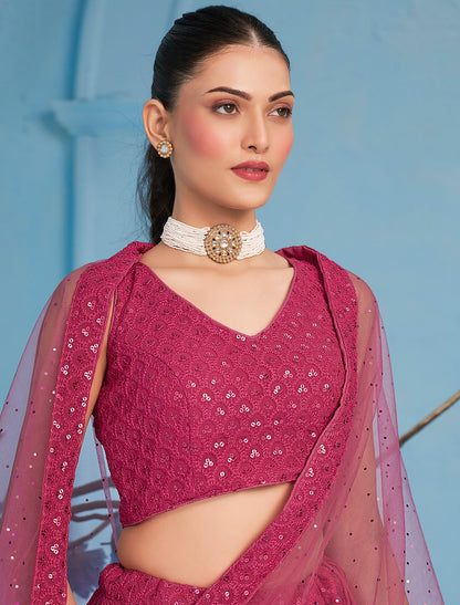 Pink Ethnic Georgette Designer Lehenga Choli Set With Embroidery