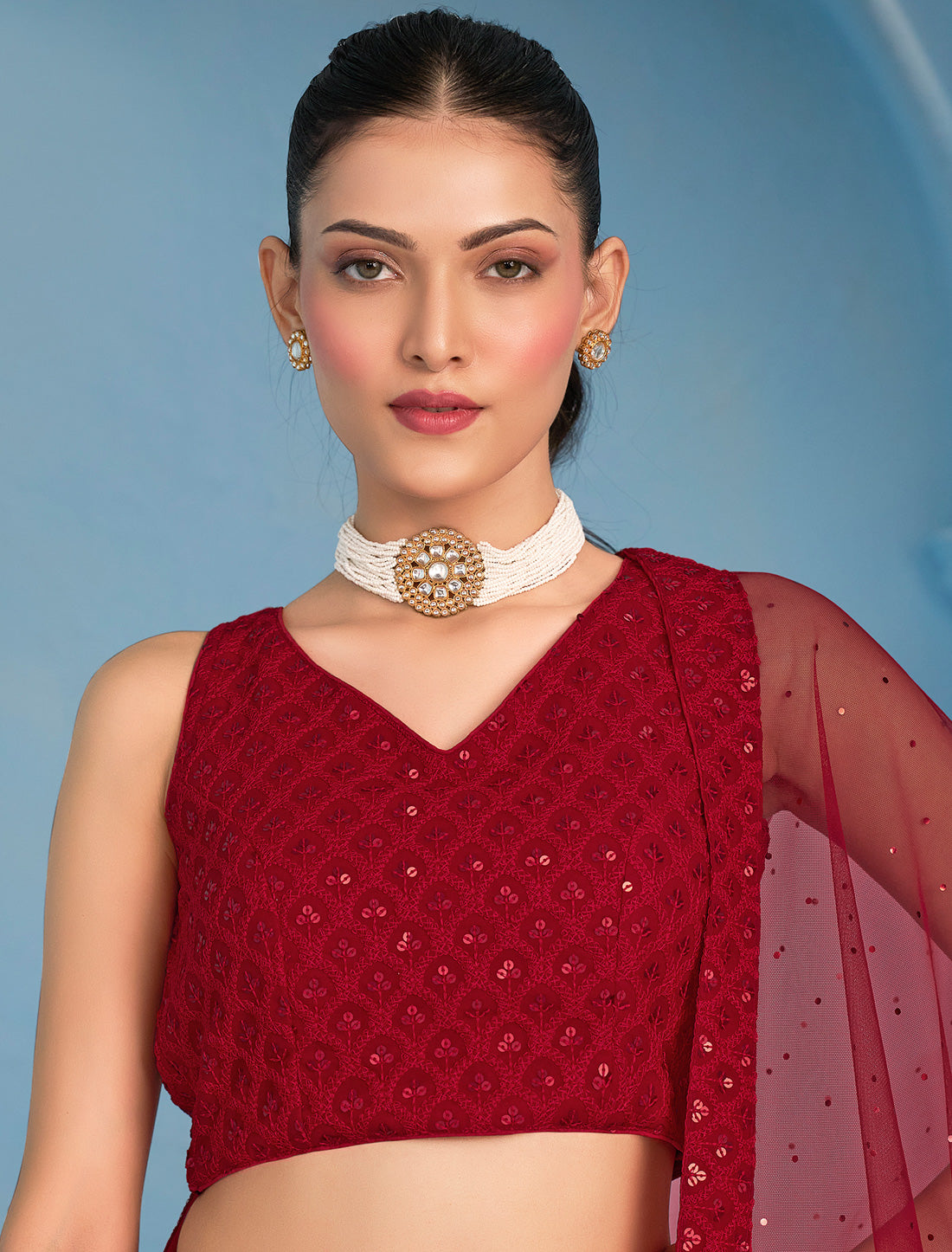 Red Ethnic Georgette Designer Lehenga Choli Set With Embroidery