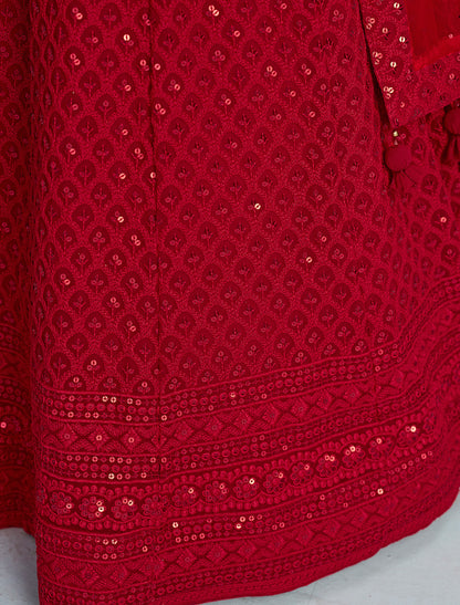 Red Ethnic Georgette Designer Lehenga Choli Set With Embroidery