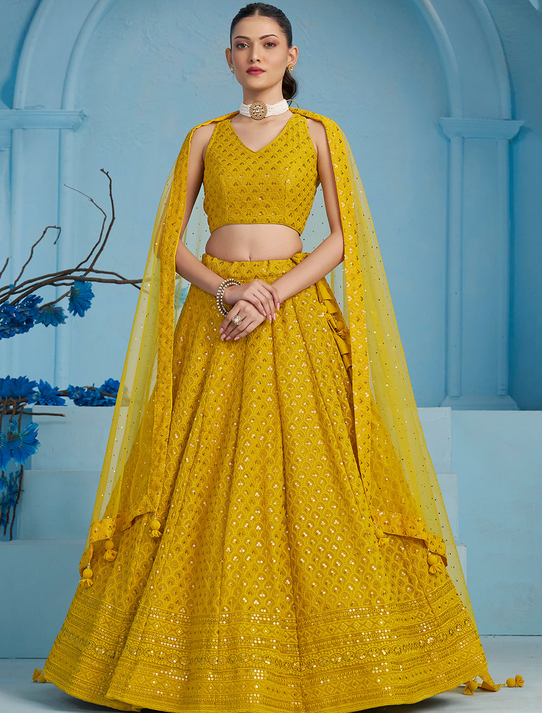 Yellow Ethnic Georgette Designer Lehenga Choli Set With Embroidery