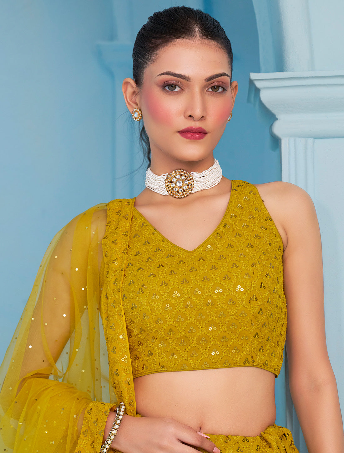 Yellow Ethnic Georgette Designer Lehenga Choli Set With Embroidery