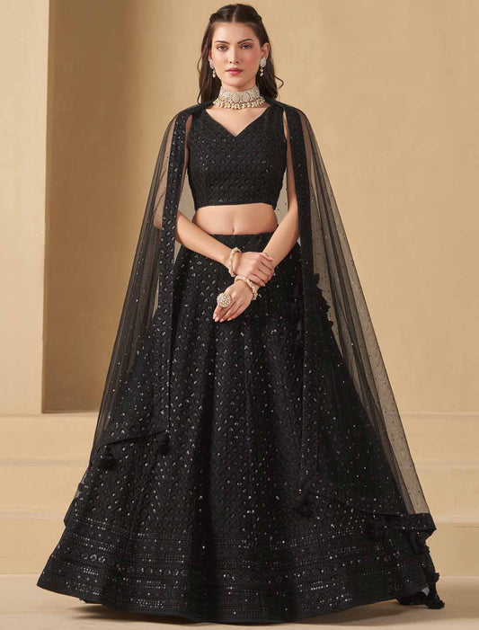 Black Georgette With Soft Net Thread Embroidered Ethnic Lehenga Choli