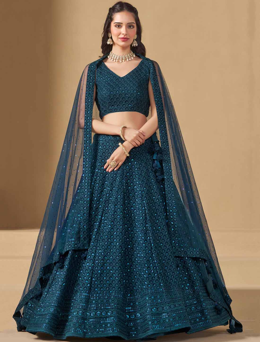 Blue Ethnic Georgette With Soft Net Thread Embroidered Lehenga Choli