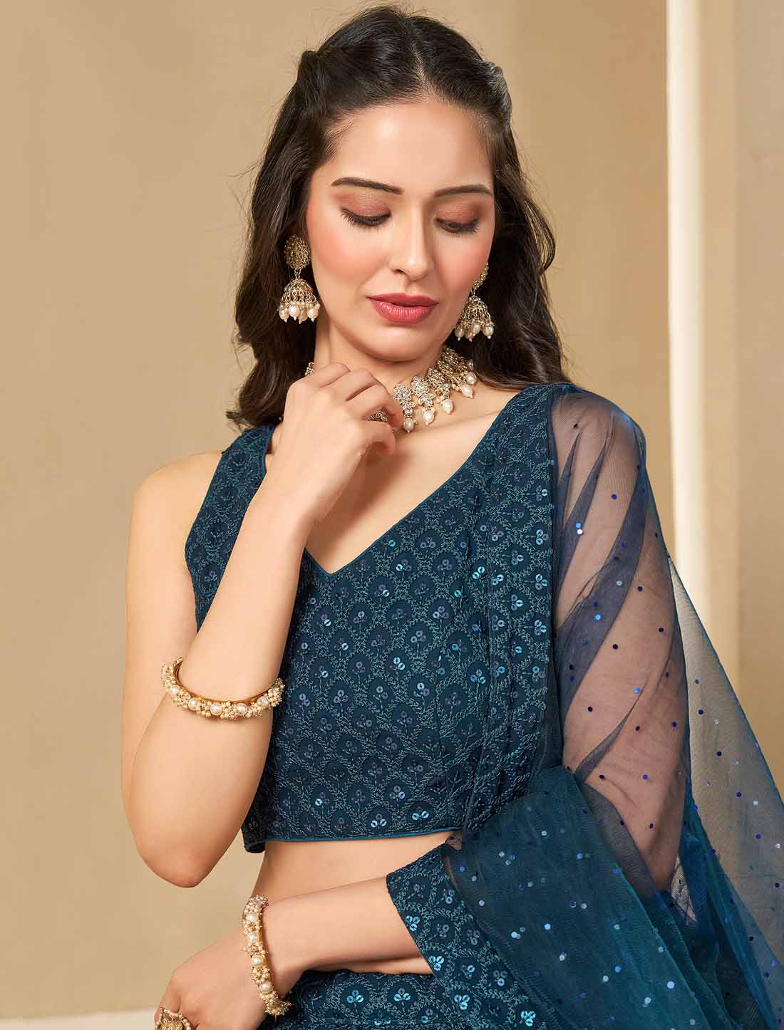 Blue Ethnic Georgette With Soft Net Thread Embroidered Lehenga Choli