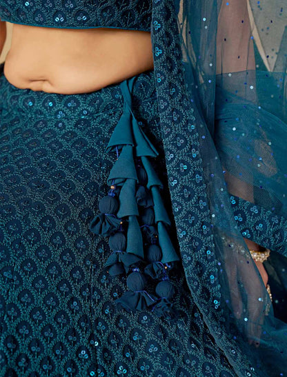 Blue Ethnic Georgette With Soft Net Thread Embroidered Lehenga Choli