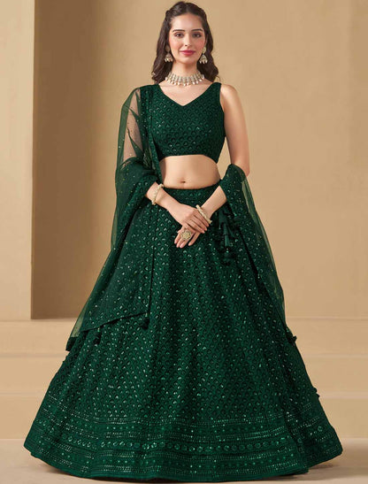 Green Soft Net With Georgette Thread Embroidered Ethnic Lehenga Choli