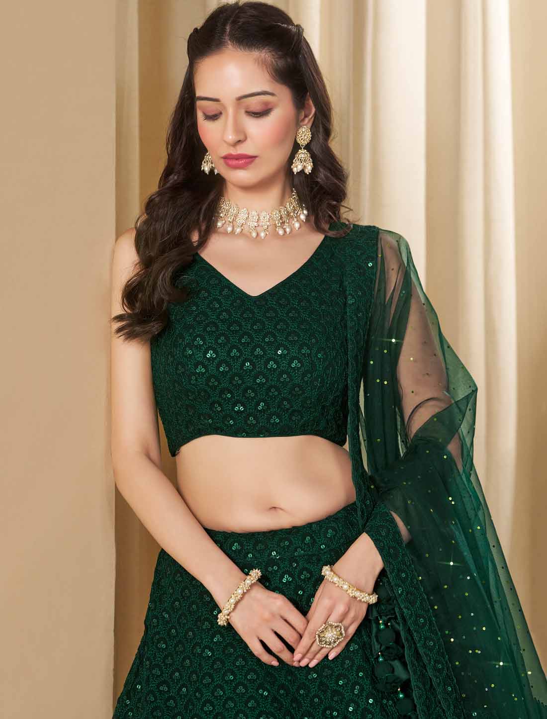 Green Soft Net With Georgette Thread Embroidered Ethnic Lehenga Choli