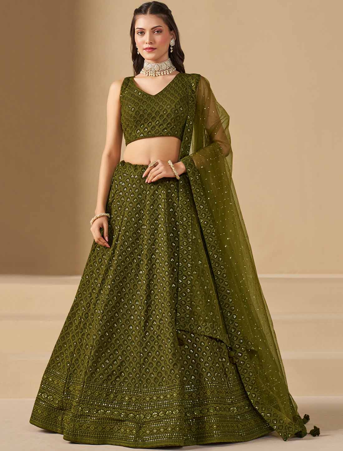 Mehndi Georgette With Soft Net Ethnic Thread Embroidered Lehenga Choli