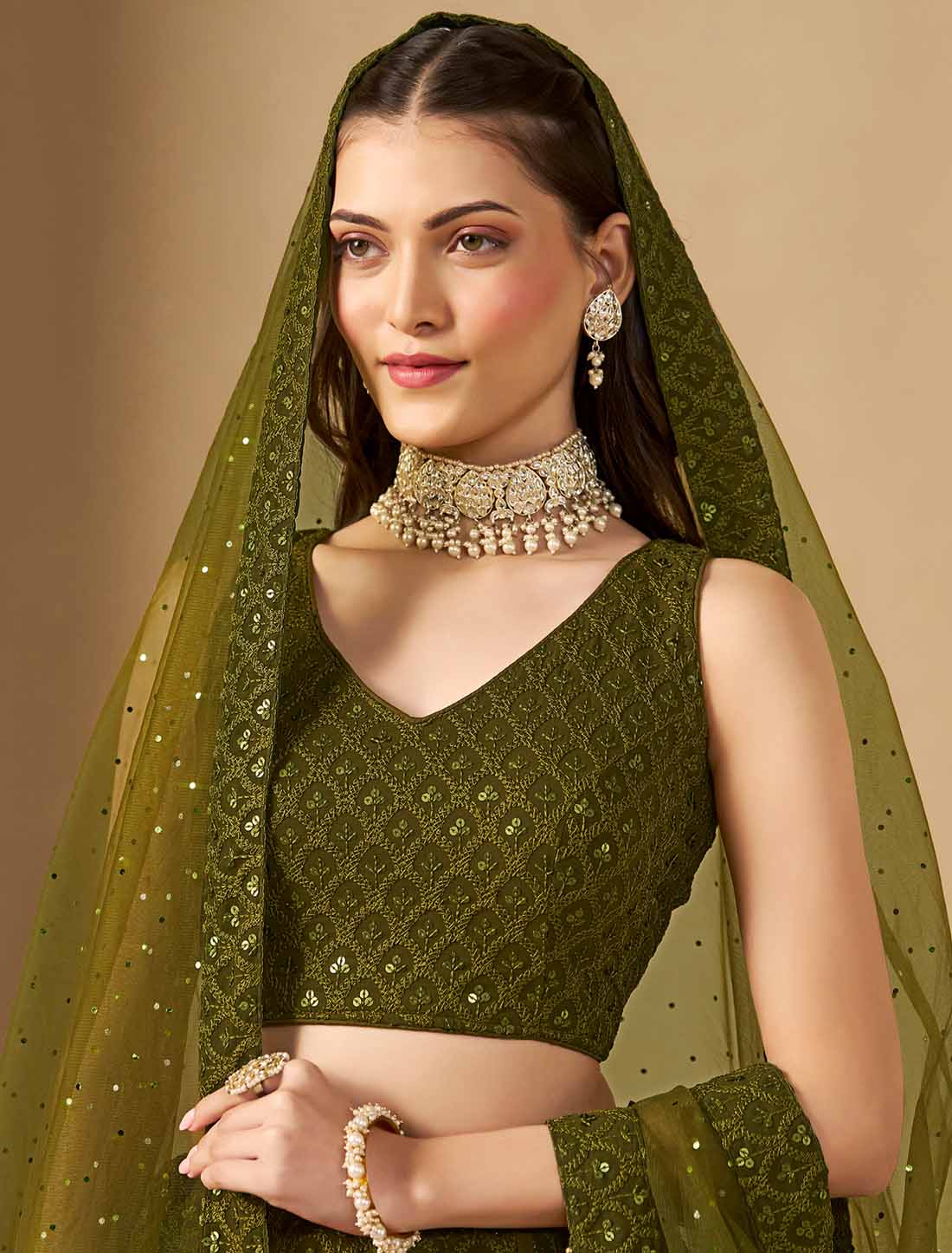 Mehndi Georgette With Soft Net Ethnic Thread Embroidered Lehenga Choli