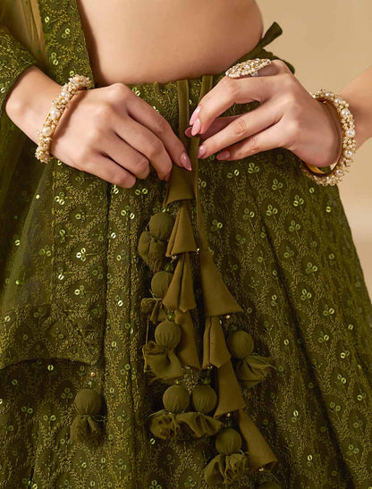 Mehndi Georgette With Soft Net Ethnic Thread Embroidered Lehenga Choli