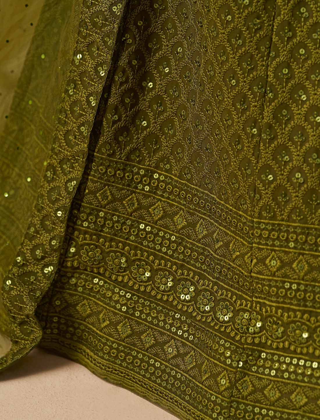 Mehndi Georgette With Soft Net Ethnic Thread Embroidered Lehenga Choli