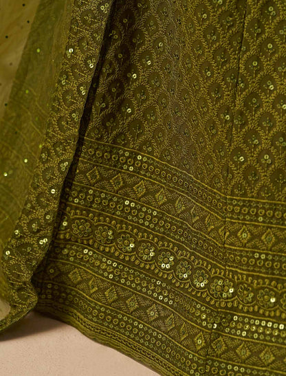 Mehndi Georgette With Soft Net Ethnic Thread Embroidered Lehenga Choli