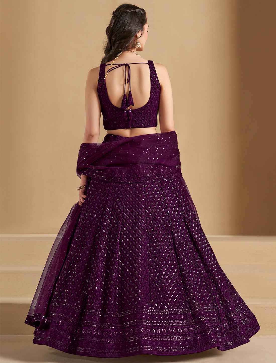 Wine Ethnic Georgette With Soft Net Thread Embroidered Lehenga Choli