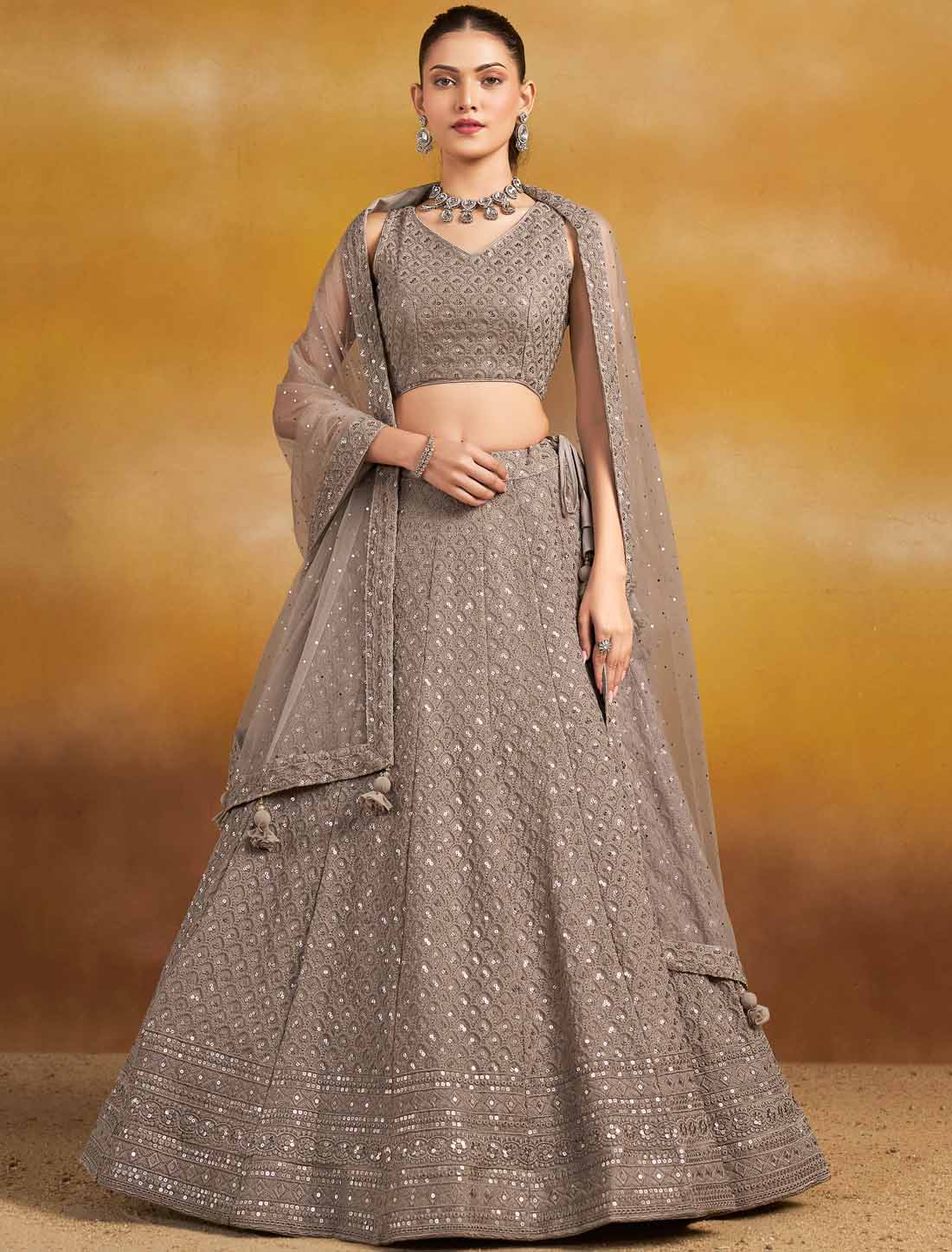Grey Soft Net With Georgette Thread Embroidered Ethnic Lehenga Choli