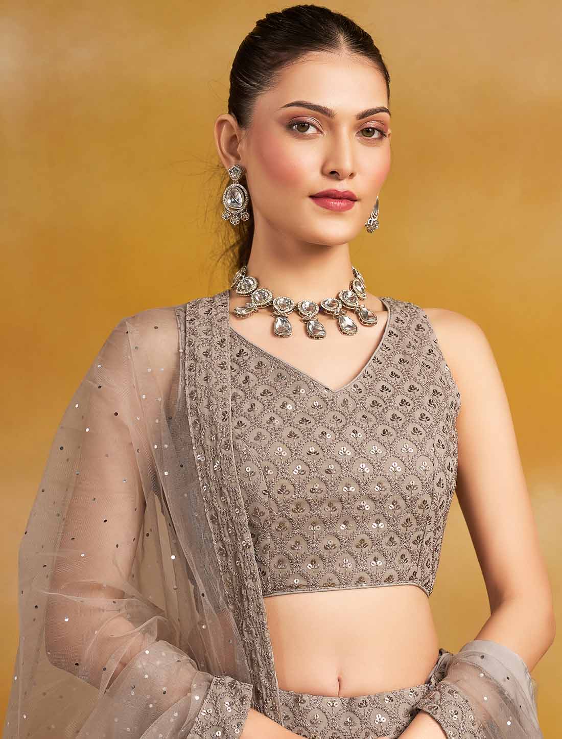 Grey Soft Net With Georgette Thread Embroidered Ethnic Lehenga Choli