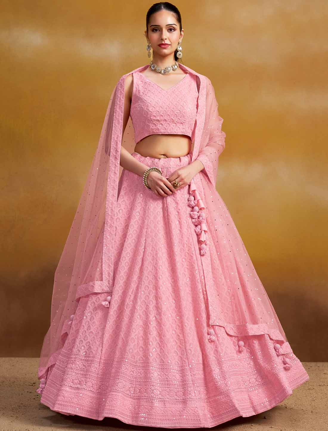 Pink Ethnic Georgette With Soft Net Thread Embroidered Lehenga Choli