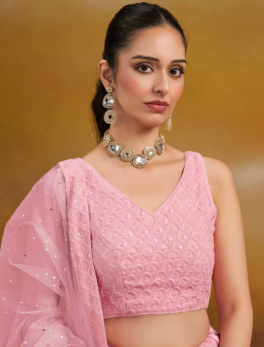 Pink Ethnic Georgette With Soft Net Thread Embroidered Lehenga Choli