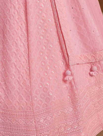 Pink Ethnic Georgette With Soft Net Thread Embroidered Lehenga Choli