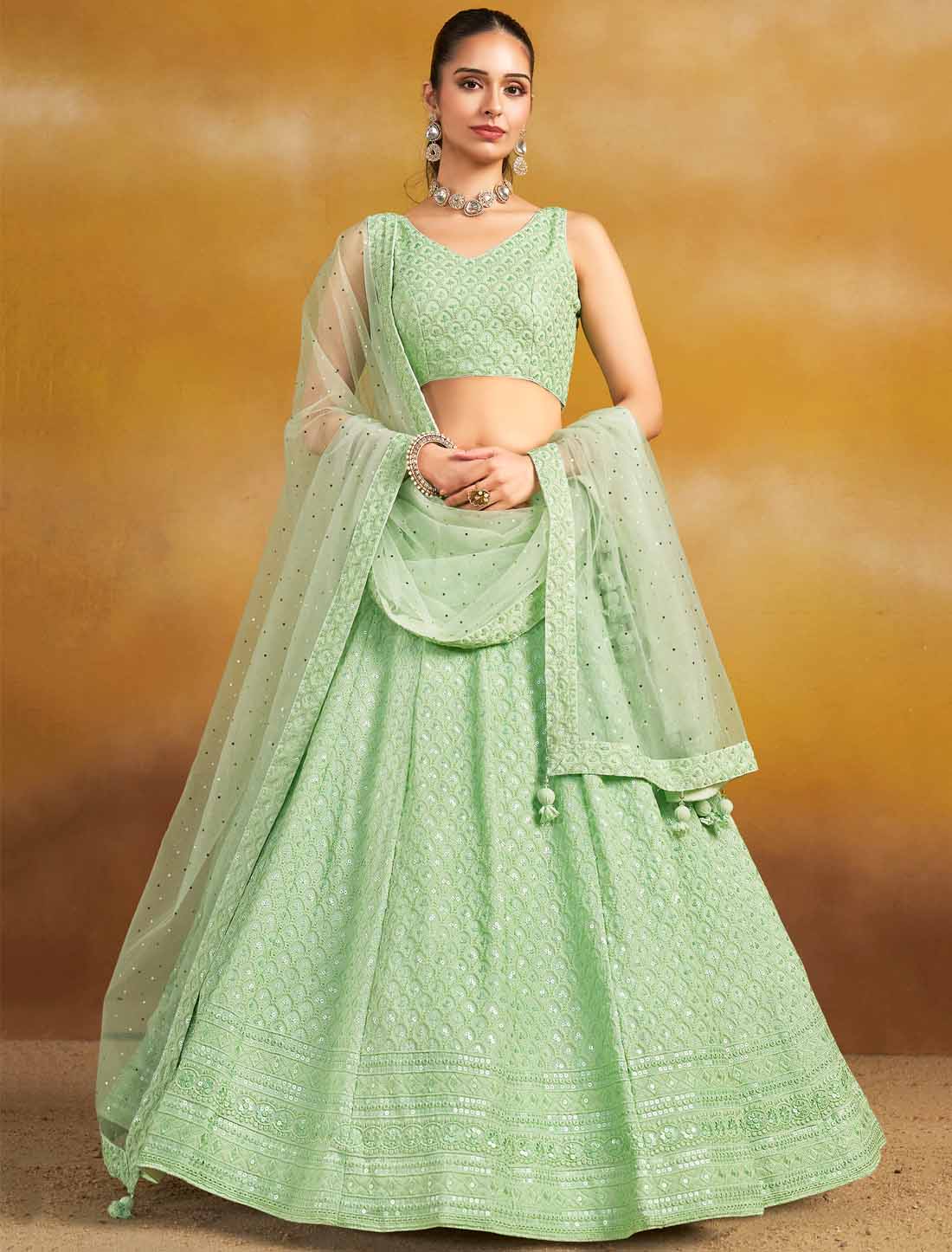 Mint Georgette With Soft Net Ethnic Thread Embroidered Lehenga Choli