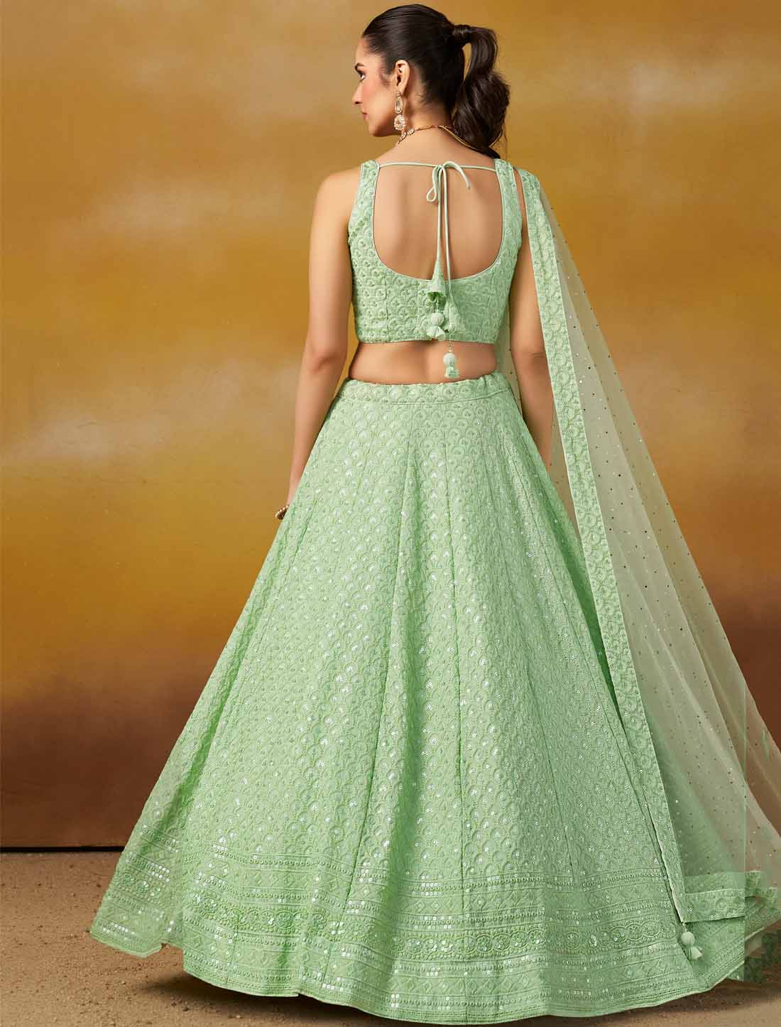 Mint Georgette With Soft Net Ethnic Thread Embroidered Lehenga Choli
