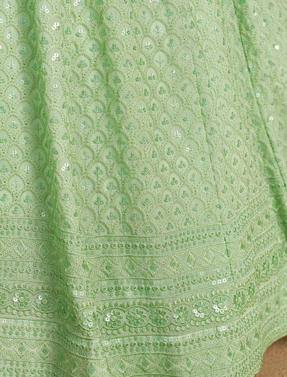 Mint Georgette With Soft Net Ethnic Thread Embroidered Lehenga Choli