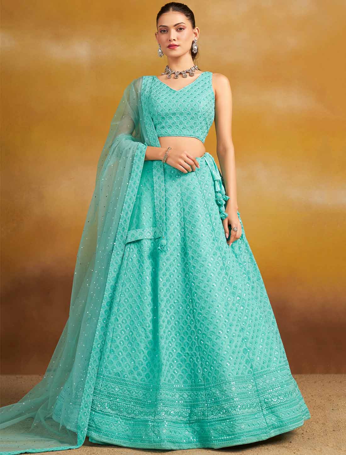 Sky Georgette With Soft Net Ethnic Thread Embroidered Lehenga Choli