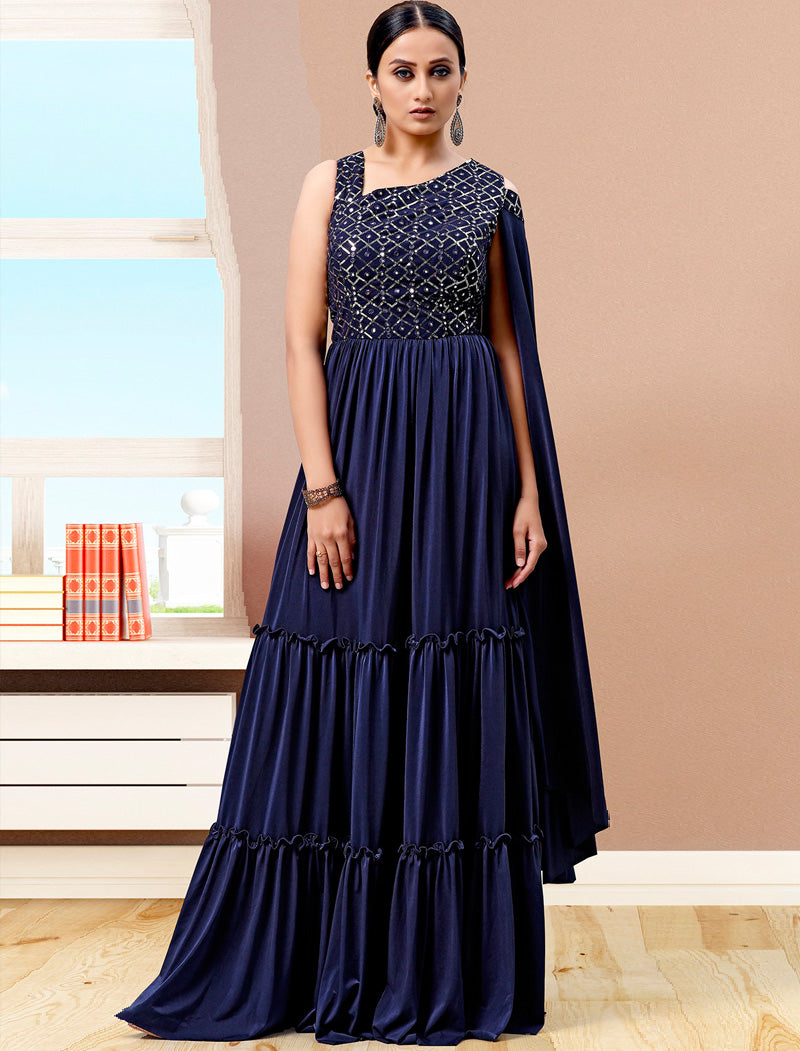 Navy Blue Glimmering Imported Lycra Party Wear Gown For Women