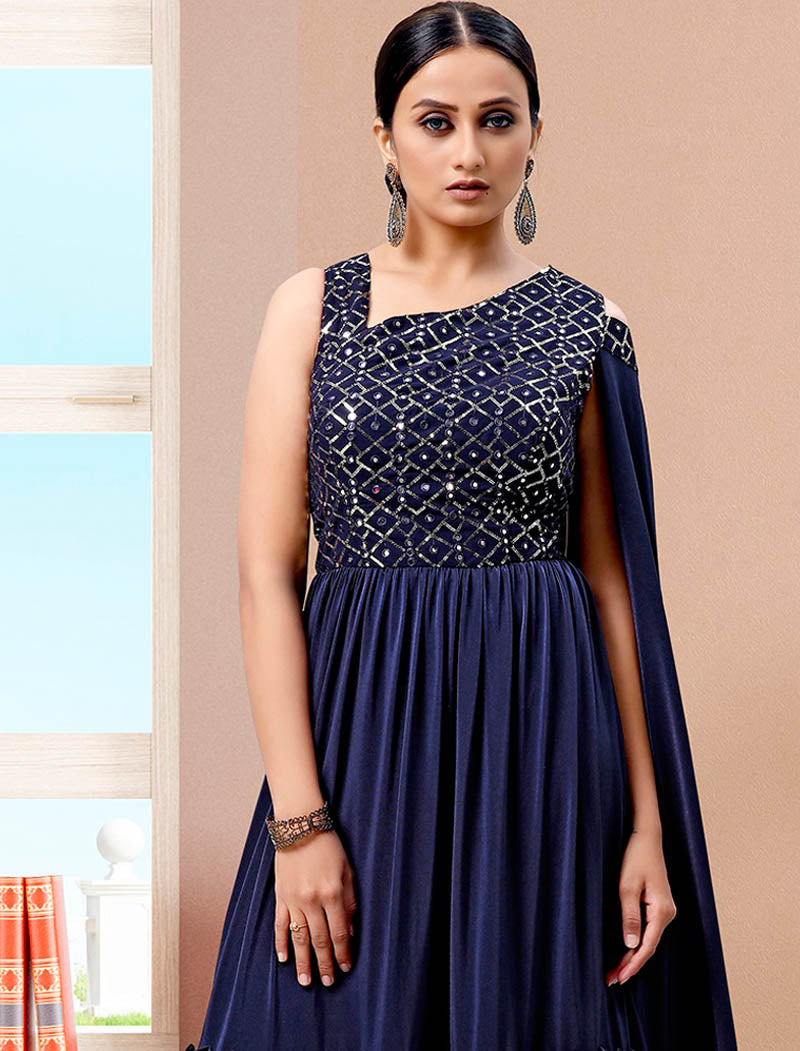 Navy Blue Glimmering Imported Lycra Party Wear Gown For Women