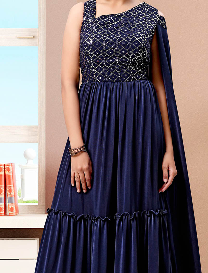 Navy Blue Glimmering Imported Lycra Party Wear Gown For Women