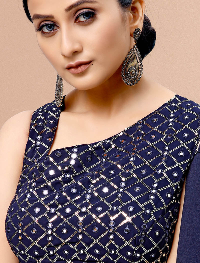 Navy Blue Glimmering Imported Lycra Party Wear Gown For Women