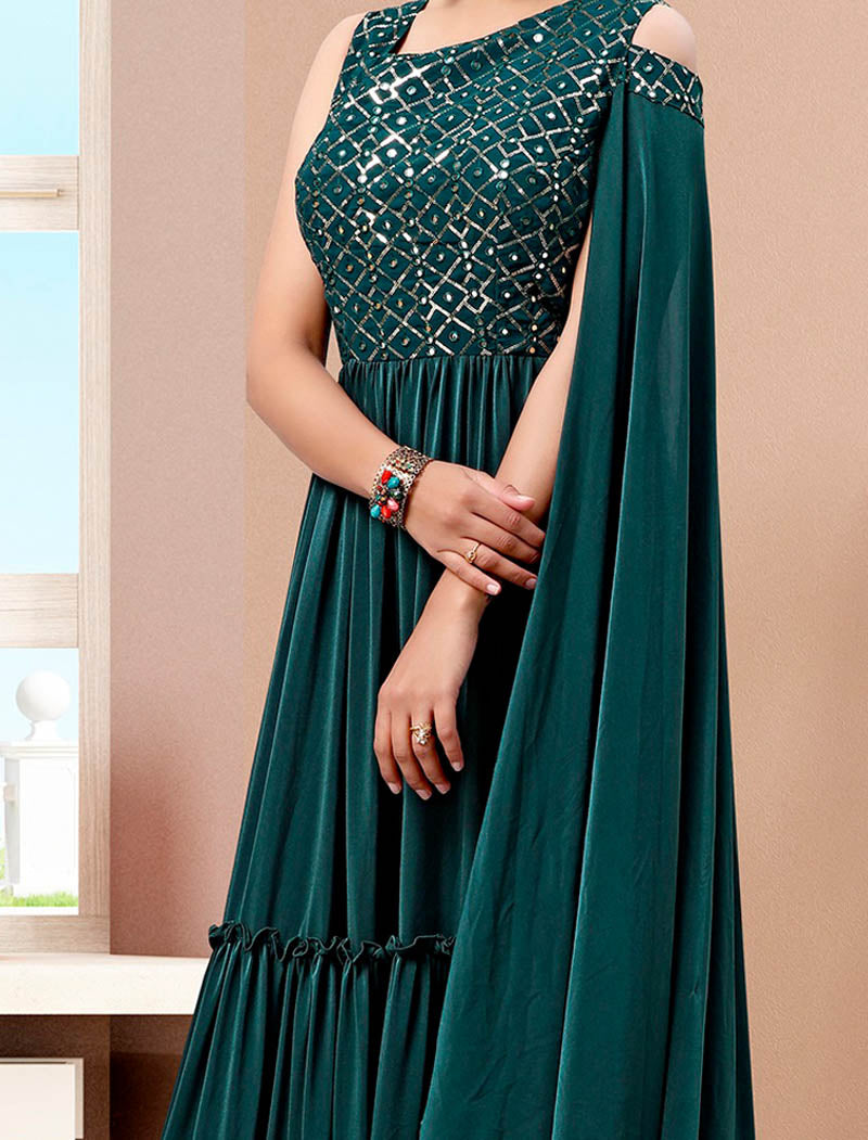 Sea Green Glimmering Imported Lycra Ethnic Party Wear Gown For Women