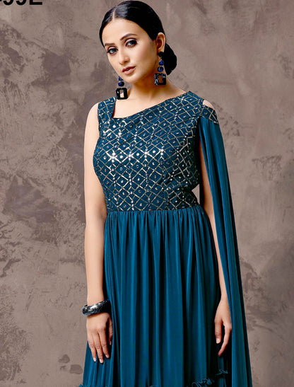 Teal Blue Glimmering Ethnic Party Wear Gown For Women Imported Lycra Fabric