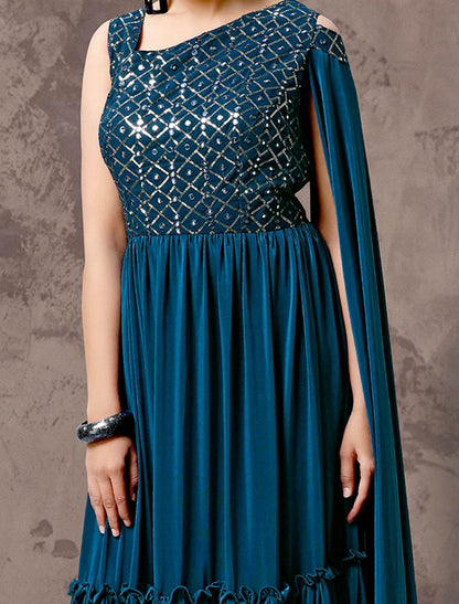 Teal Blue Glimmering Ethnic Party Wear Gown For Women Imported Lycra Fabric